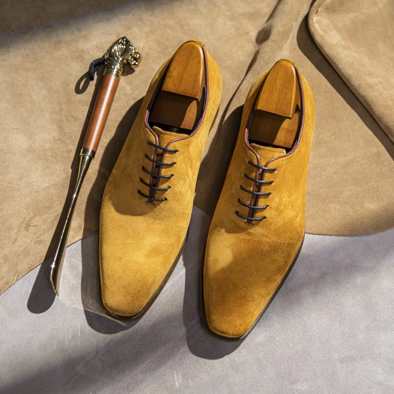 Men Formal Leather Shoes Genuine Leather Lace Up Khaki Yellow Men Dress Shoes High Quality Fashion Wedding Oxford Suede Shoe Man