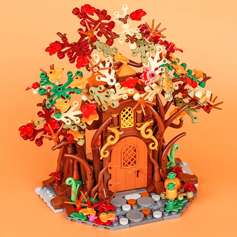 MOC 428PCS Medieval Autumn Woodland Elf Magic House Building Block Movie Figures Pumpkin Christmas Tree Plant Animal Bricks Toys