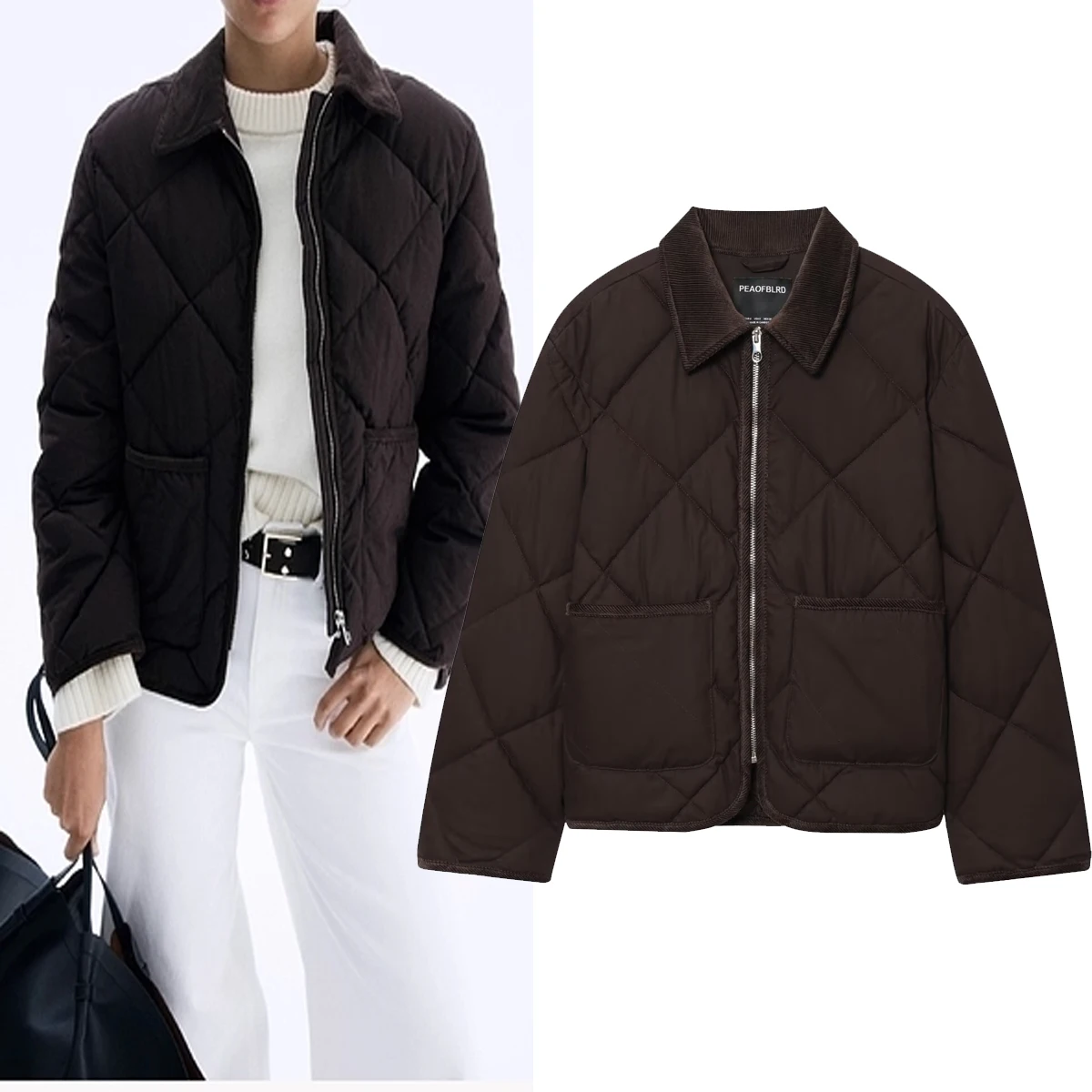 

Faionable Women's Cotton Jaet H2567 Zipper Quilted Collar Zipper Closure Long Sve Straight Cut Sle Autumn Season Sol...