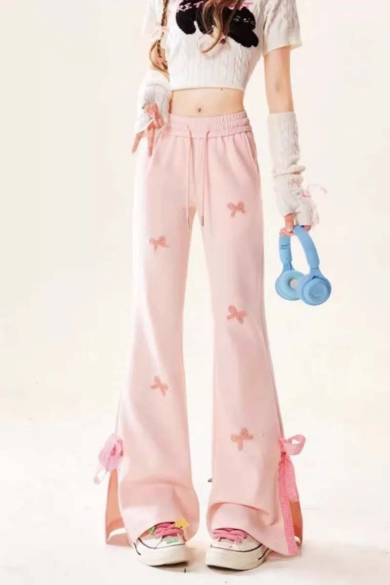 Girls' Pink Bow Flare Pants 2026 Spring Casual Wear Petite Stretchy Micro Flare Jeans for Kids Trendy Sweet Cool Long Trousers