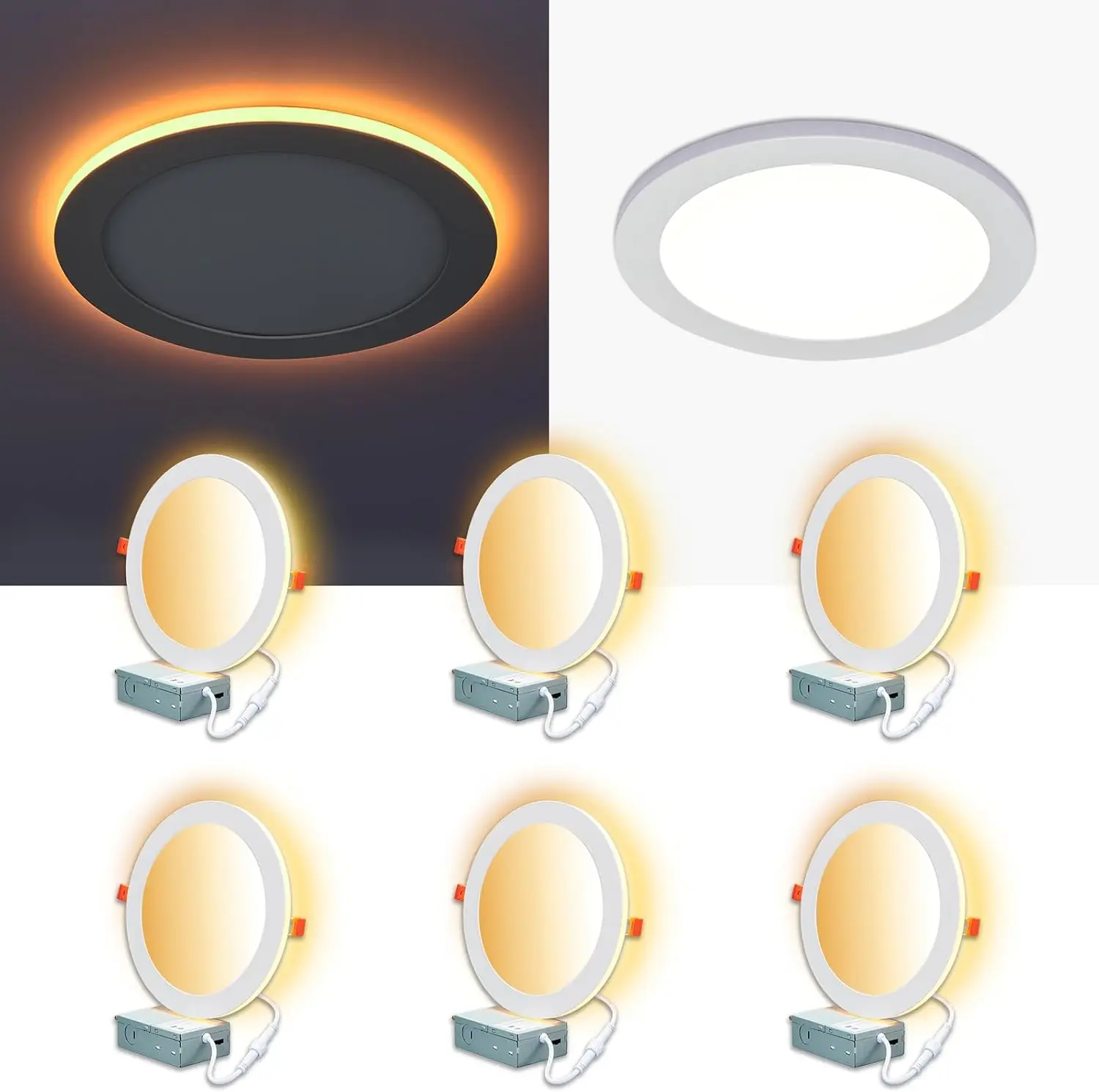 

6 Pack 8 Inch LED Recessed Lights with Night Light, Ultra Thin Dimmable Downlight, 5CCT Selectable, ETL Certified