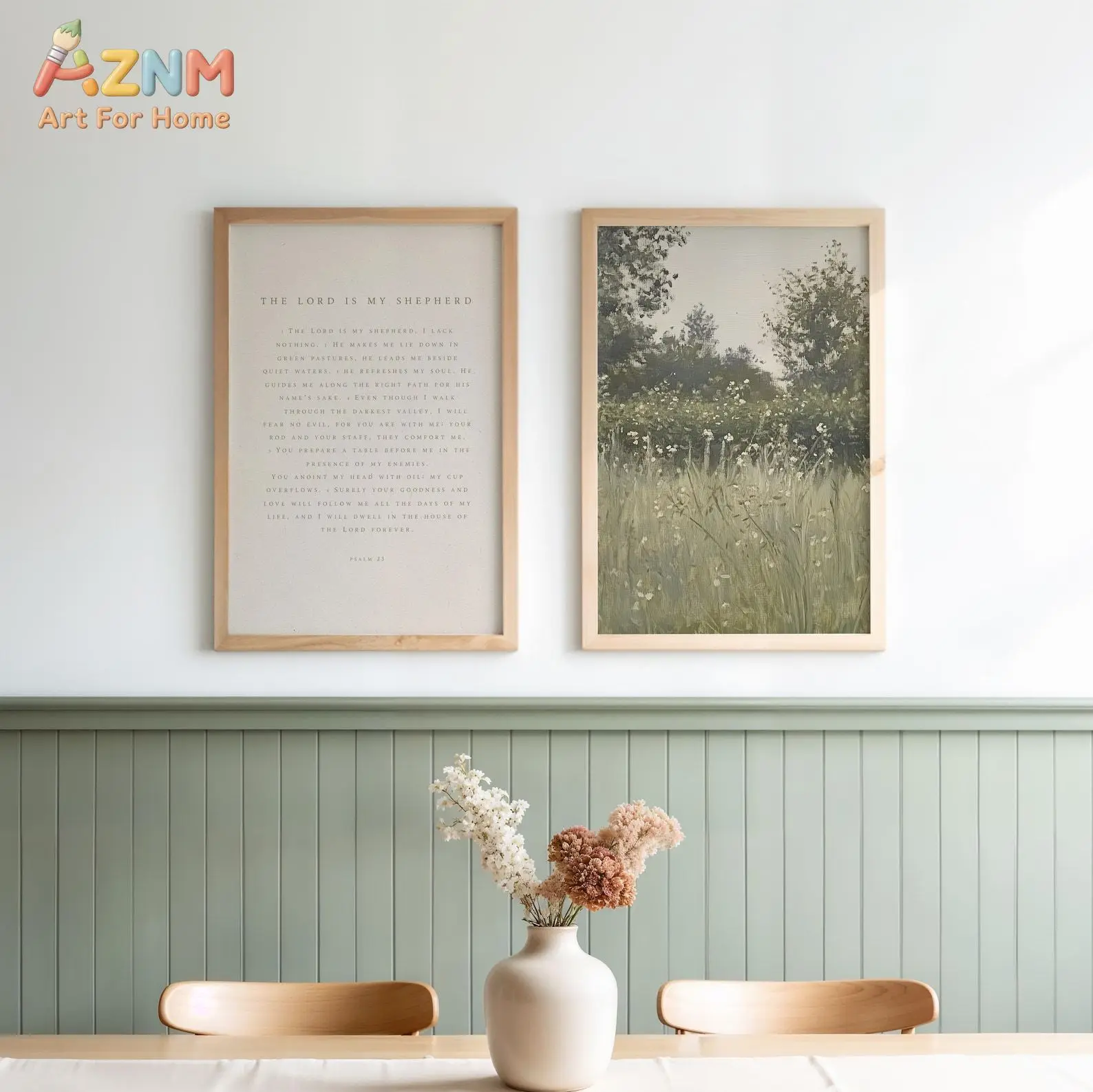 Psalm 23 Christian Wall Art Set of 2, bible verse art set, vintage bible print, Christian Wall Decor, Modern Christian Art