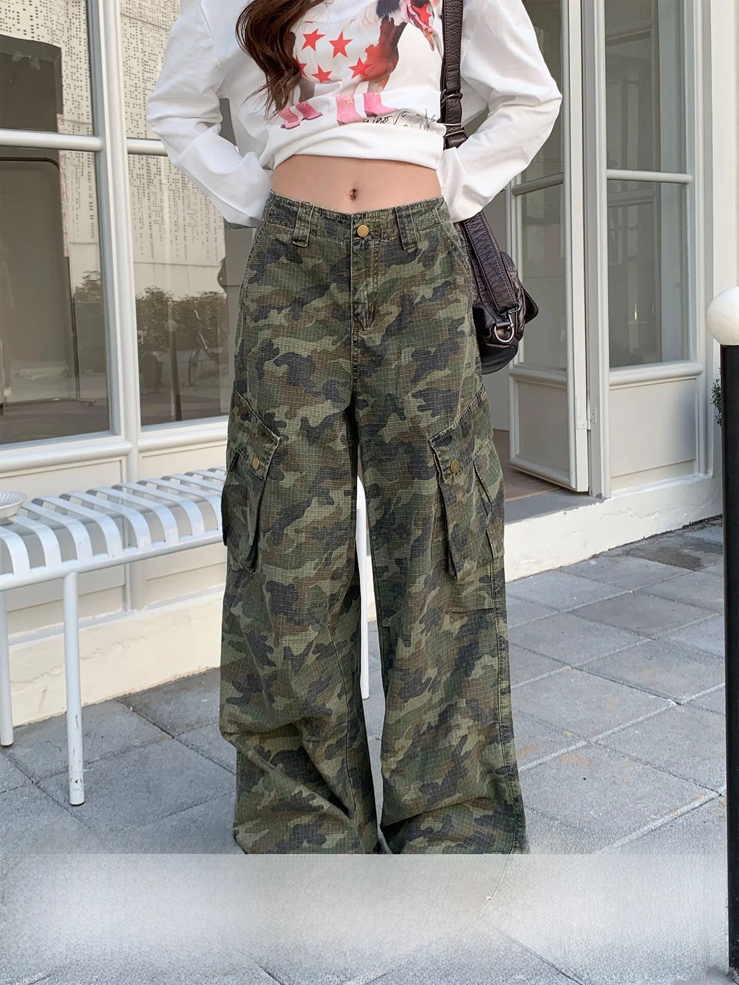 

Американские камуфляжные рабочие брюки с множеством карманов, повседневные, широкие, прямого кроя, зимние, для отдыха, для женщин JZSZNR