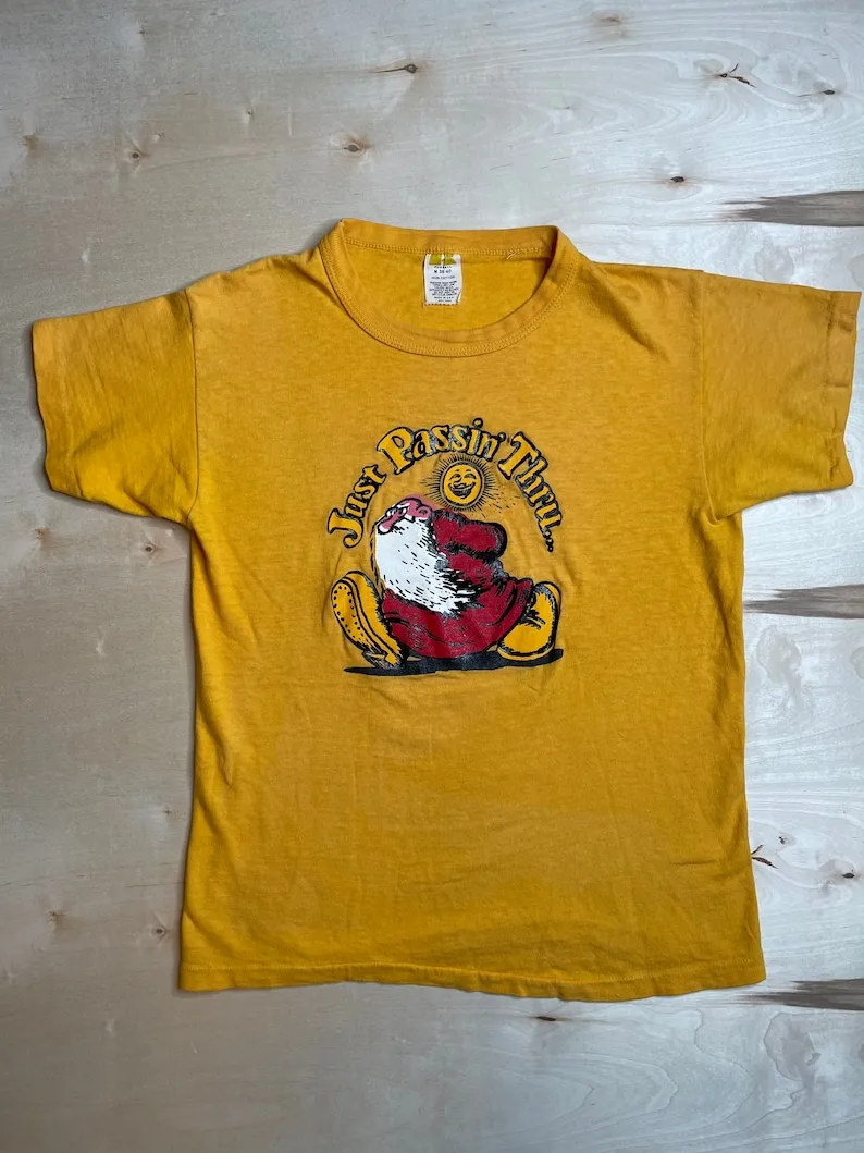 Robert Crumb Mr. Natural Shirt vintage 1960s or 1970s OG painted on graphic on a beautiful yellow 100% Cotton Russell tee Size S