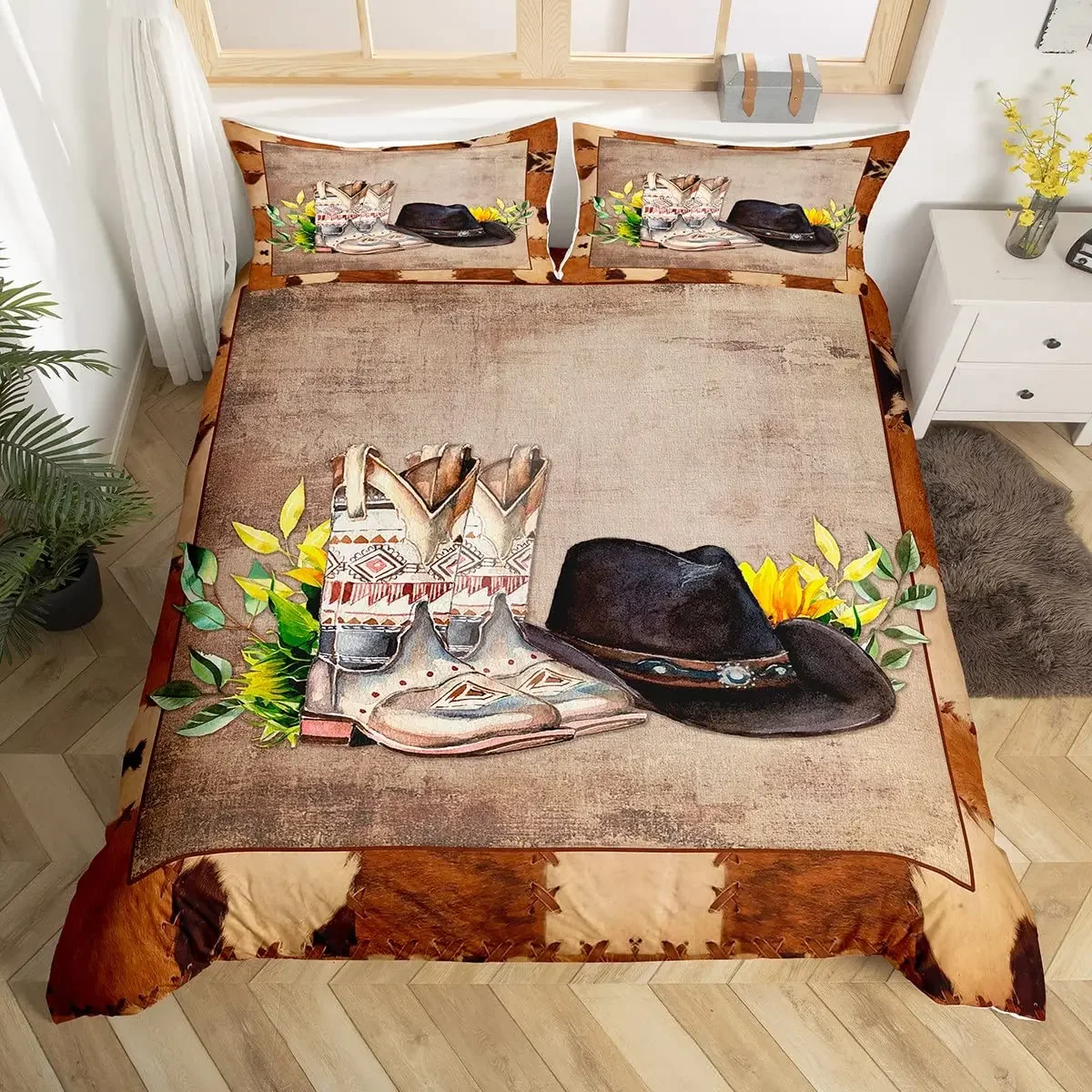 Western Cowboy Duvet Cover Set Twin King Cowboys Boots Hat Floral Bedding Set Exotic Farmhouse Cowhide Patchwork Comforter Cover