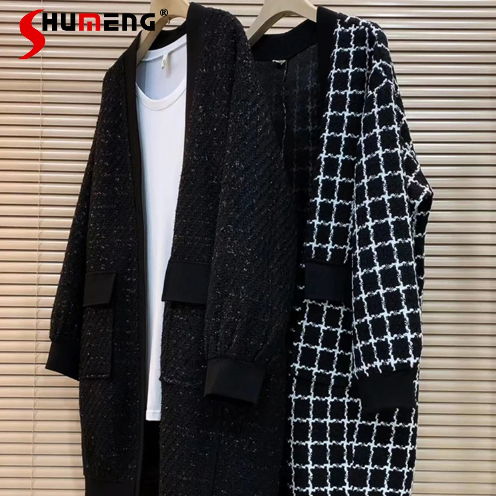 

2023 Autumn New Large Size Women's Clothing Korean Style Houndstooth Versatile Mid-Length Cardigan Jacket Loose Top Overcoats