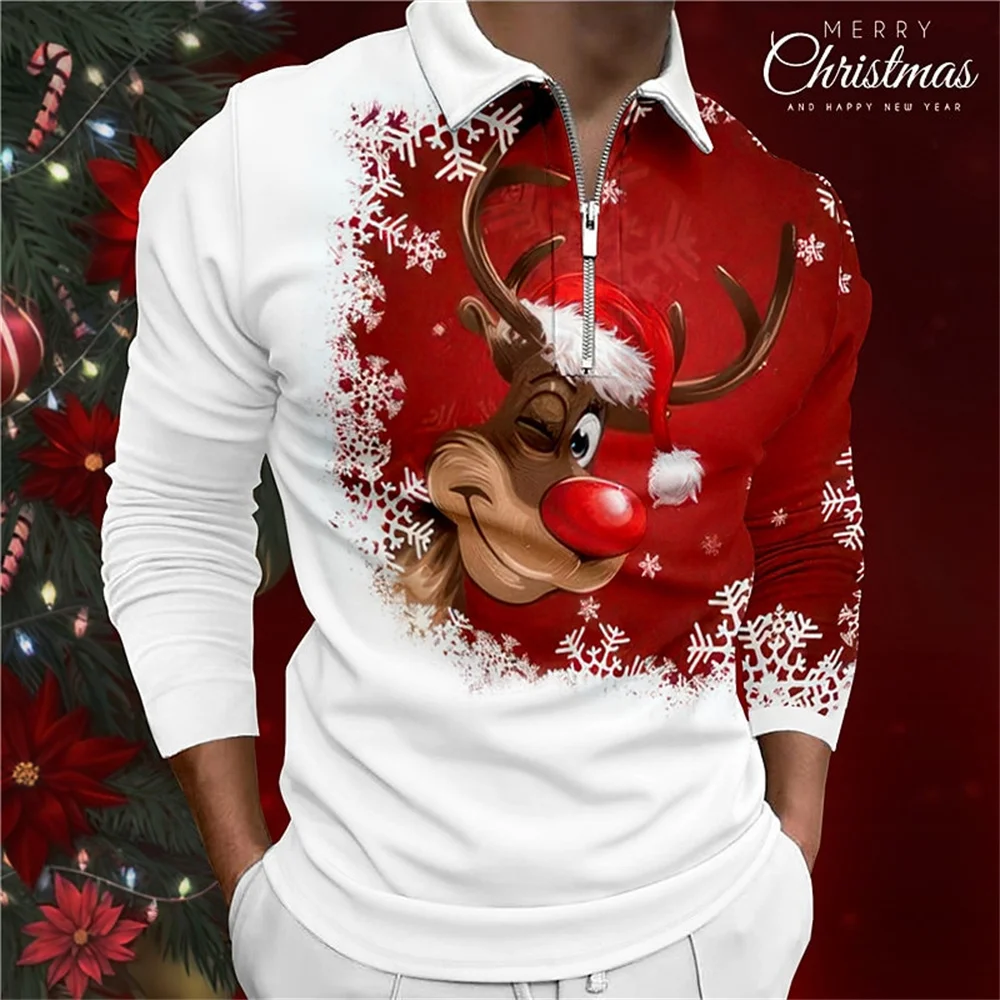 Navidad 2024 ropa de Golf hombres muñeco de nieve Anime estampado gráfico novedad solapa Polo camisa Tops moda cremallera manga larga Camiseta hombre