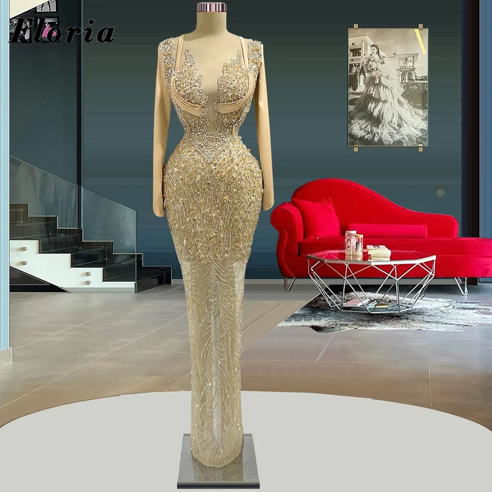 

Special Long Sleeves Evening Dresses Handmade Beaded Celebrity Dress Mermaid Red Carpet Runway Dress Luxury Dubai Party Gowns