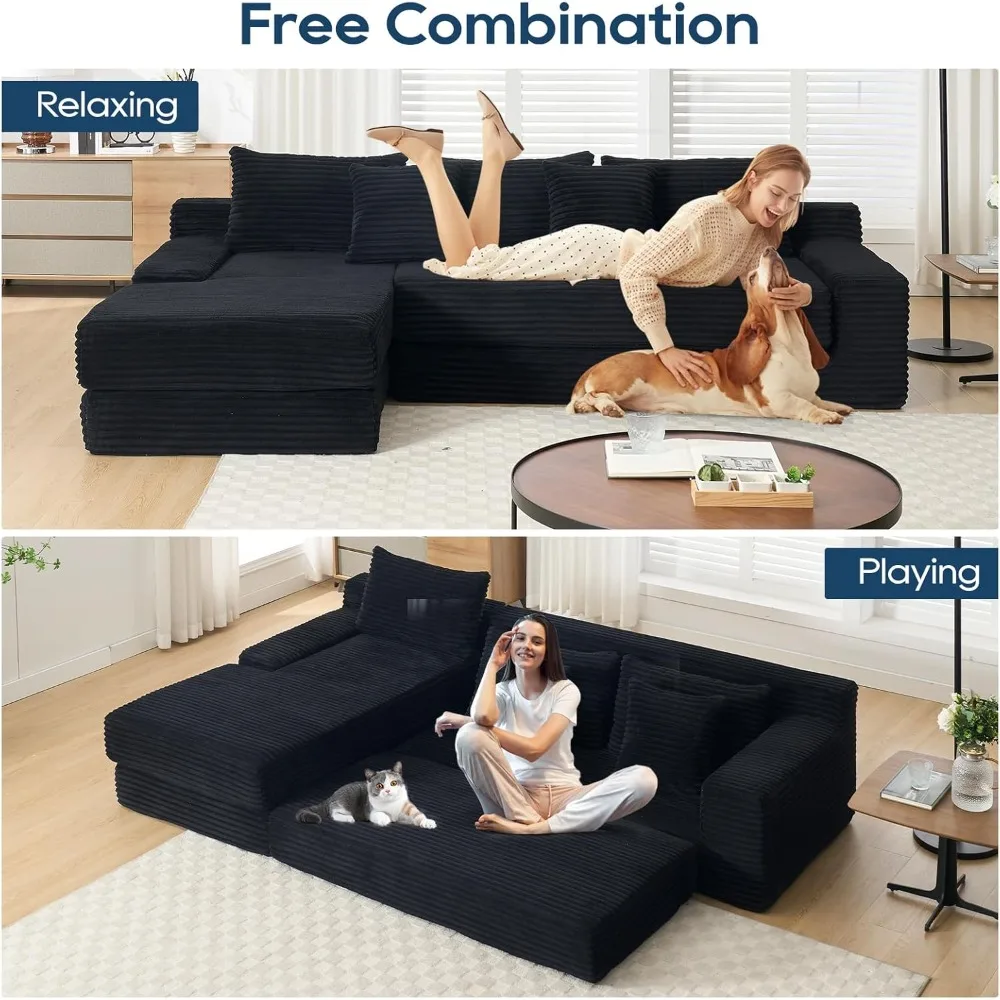 أرائك سحابة مقطعية على شكل حرف L لغرفة المعيشة مع إسفنج الذاكرة وإطار فولاذي بدون تجميع سرير أريكة قابل للتحويل، سروال قصير