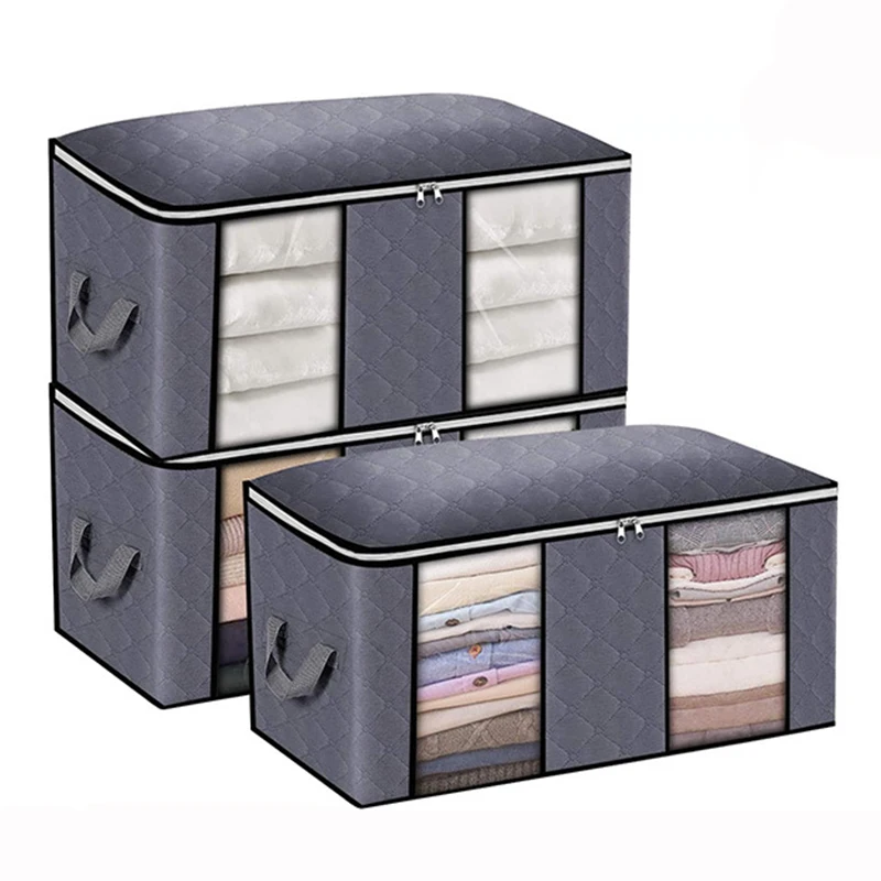 

90L Foldable Quilt Storage Bag Portable Transparent Window With Compartment Clothes Tidy Bag Non-woven Home Dustproof Organizer