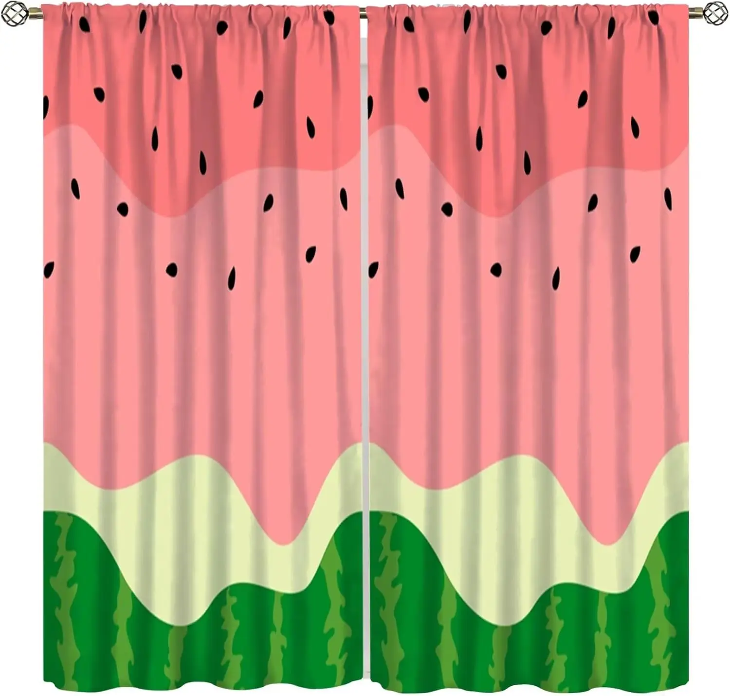 Cartoon Watermelon Curtain, Summer Fruit Watermelon Slice Black Seeds Red Green Stripes Printed Rod Pocket Window Treatments for