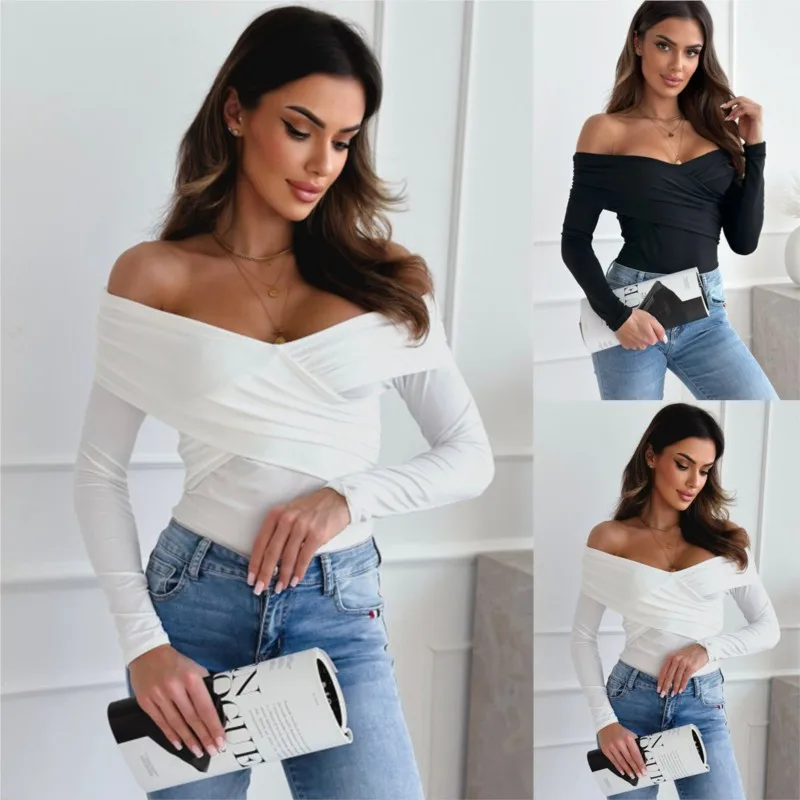 New Autumn And Winter Fashion Sexy Off Shoulder Long Sleeved Solid T-shirt Top For Women 2024 Elegant Slim Fit White V-neck