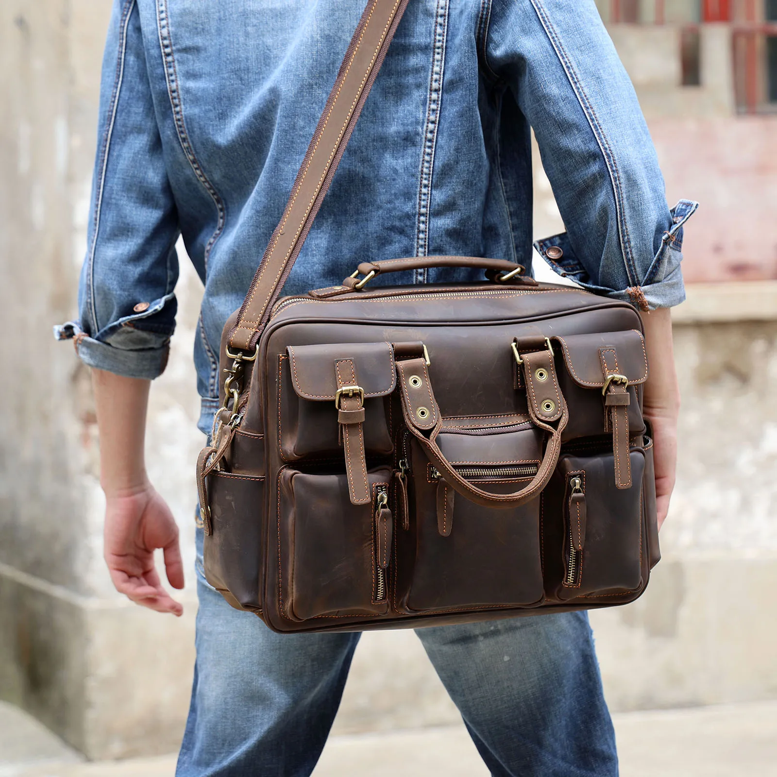 Vintage Herren-Aktentasche aus Vollnarbenleder, 16 Zoll Laptop-Umhängetasche, Echtes Leder, Business-Reisetasche, Crazy Horse Leder – Detail 4