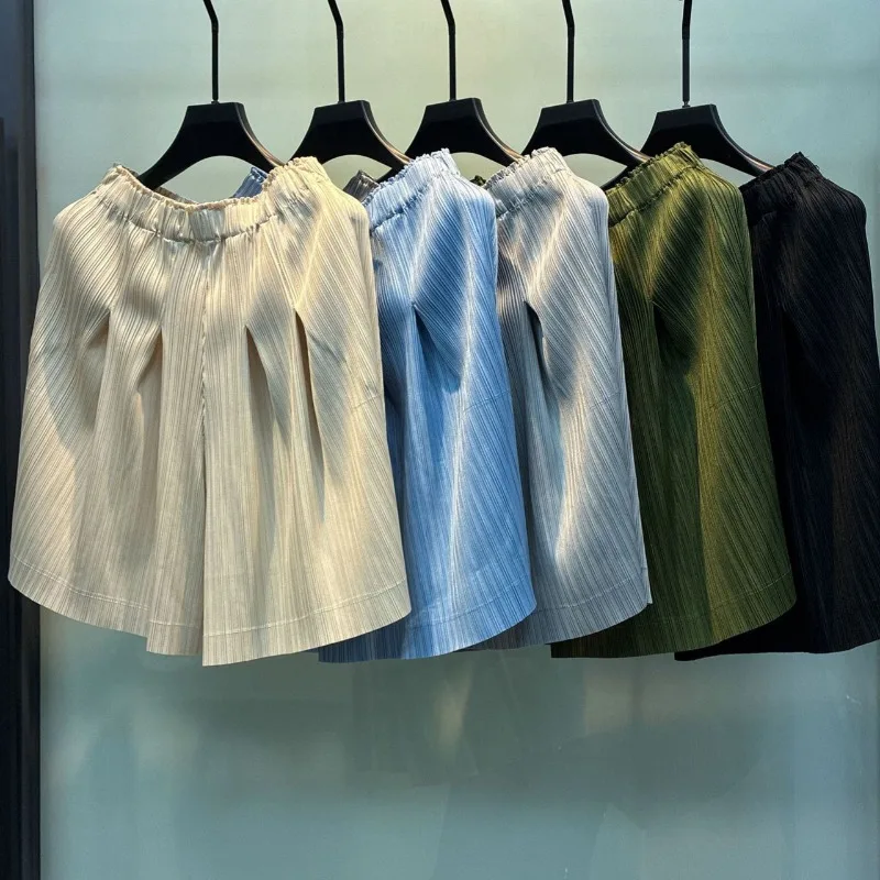Miyake Pleated Casual Shorts Summer New Solid Color Simple Loose Comfortable High Waist Base Three-Quarter Pants for Women Pleat