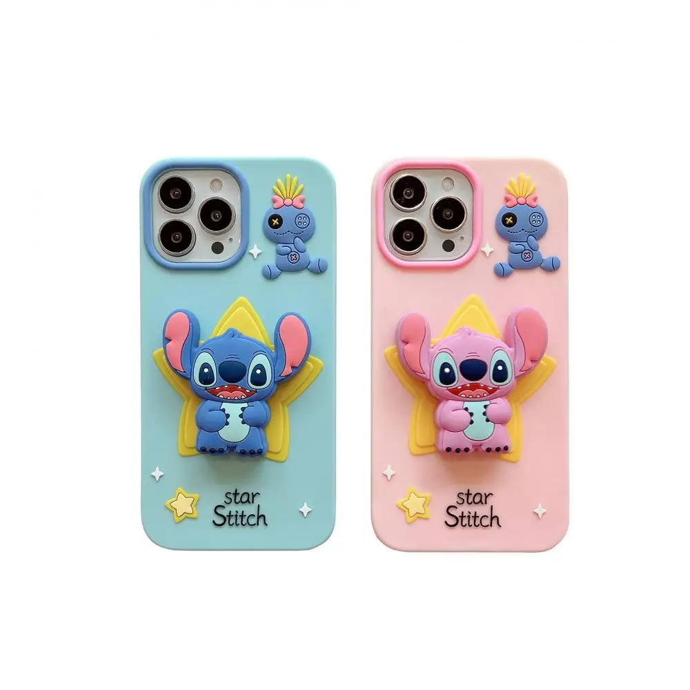 Kawaii Stitch Angle Silicone Phone Case for iPhone 11 12 13 14 15 Pro Max Lovely 3D Cartoon Holder Stand Anime Cover ﻿