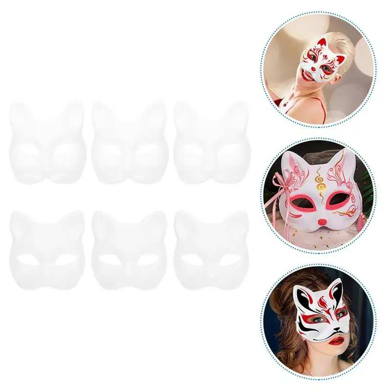 6Pcs White Paper Animal Masks Unpainted Blank Mask Fox Cat Face Masks DIY Graffiti Mask Masquerade Halloween Cosplay Props