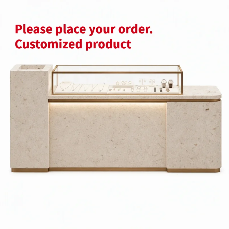 custom.Custom Travertine Texture Reception Counter Arch Front Desk LED Lighting Jewelry Store Fixture Reception Desk Retail