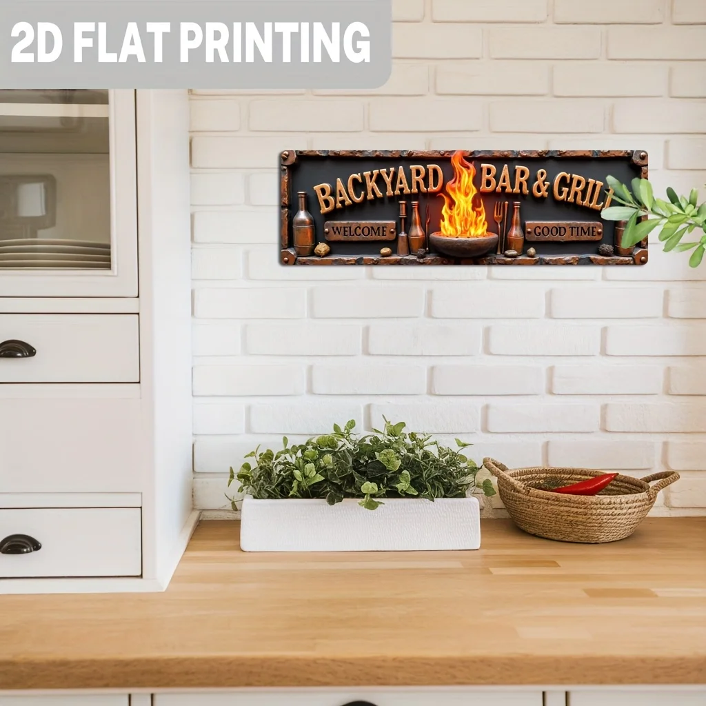 لافتة حائط ألومنيوم مسطحة ثنائية الأبعاد، قطعة واحدة من بار الفناء الخلفي الريفي والشواية - ديكور معدني عتيق مع تصميم "ترحيب بالوقت الجيد". #5