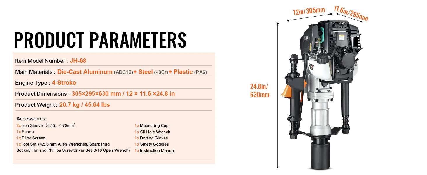 SucceBuy 37.77cc Gas-Powered T Post Driver 4-Stroke Engine Piling Pounder 2 Post Driving Head(55/70mm) 1000W Portable Piledriver