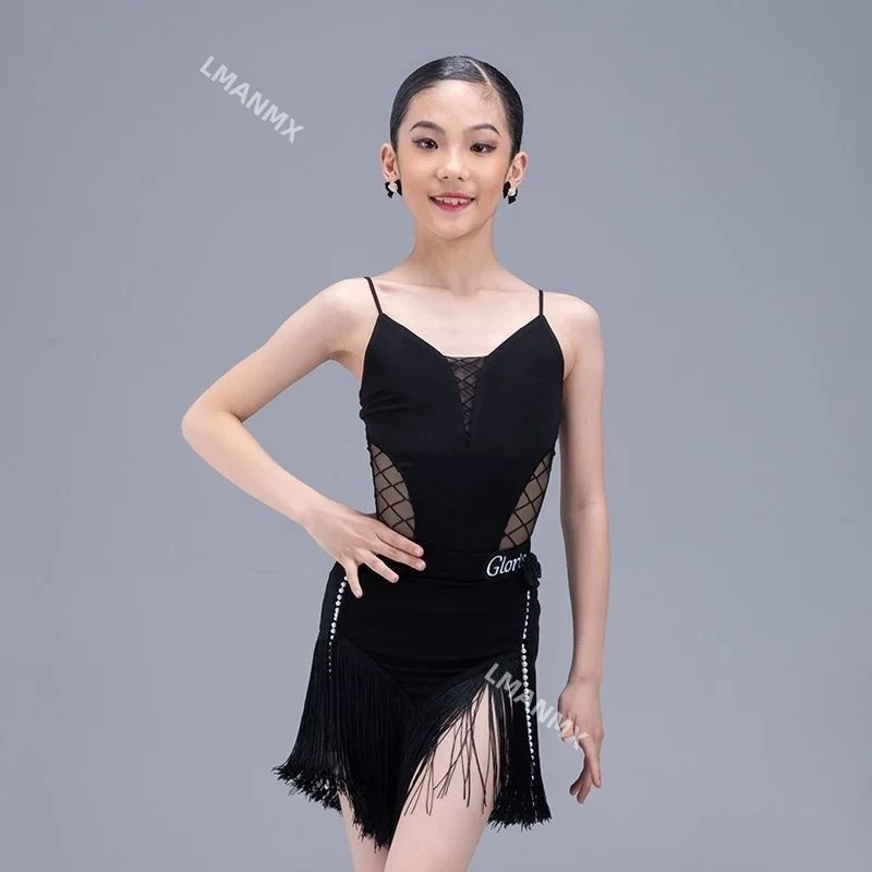 

latin dance leotard black Dance fringed skirt latin dance clothes girls Stage costume