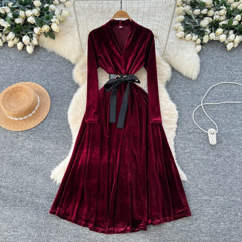 

Women Solid Velvet Dresses Belted Waist Cinched Dress A Line Long Sleeve V Neck Ankle Lenth Loose Casual Elegant 2025 Autumn