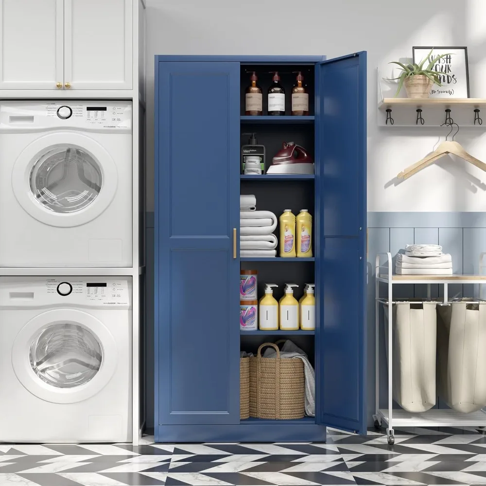 خزانة مطبخ معدنية زرقاء مقاس 71 بوصة مع أبواب وأرفف قابلة للتعديل، تتميز بمقبضين ذهبيين