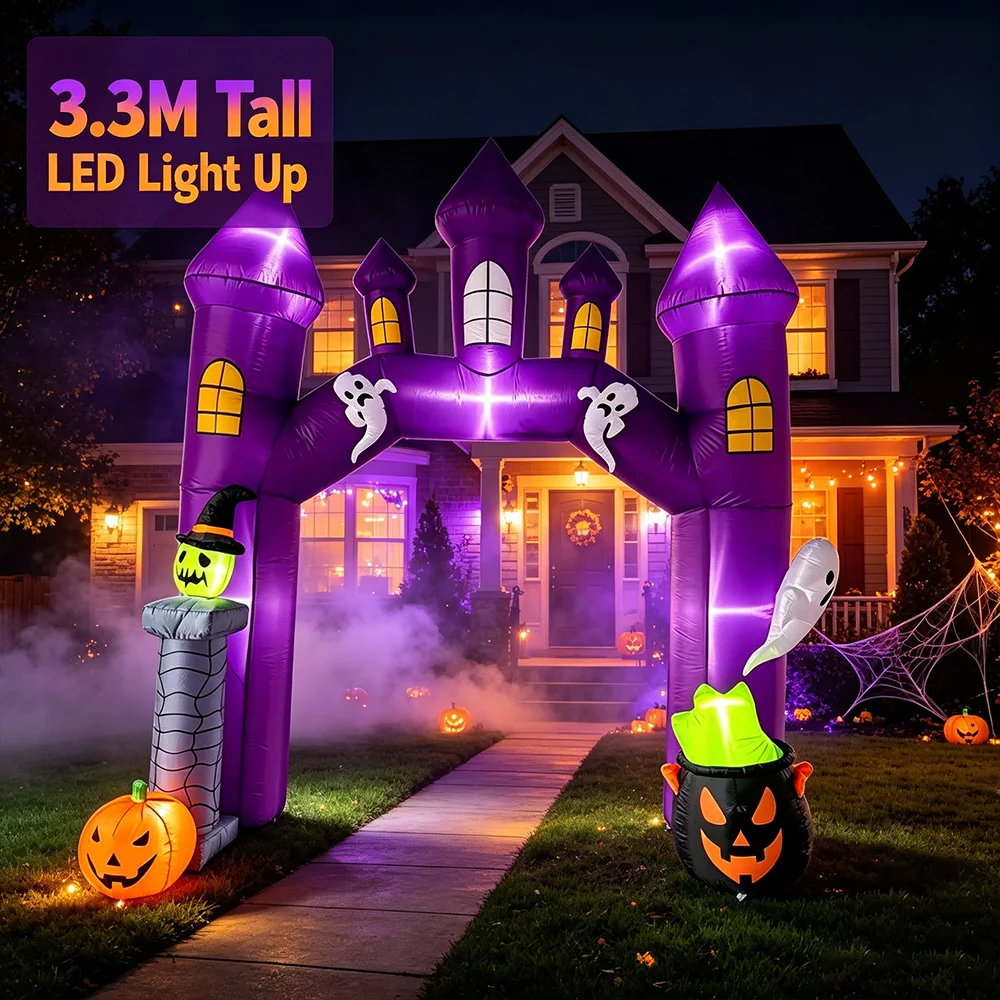 3.3M Halloween Inflatable Ghost Archway with LED Lights, Blow Up Yard Decor for Party Garden Lawn