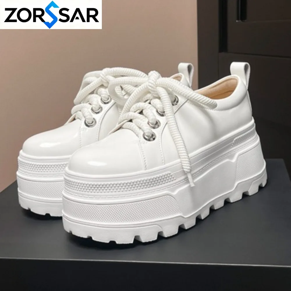 New 2027 Spring Women's Leather Sneakers High Platform Lace-up Casual Shoes Thick Sole 8CM Heels Walking Shoes Zapatos Mujer