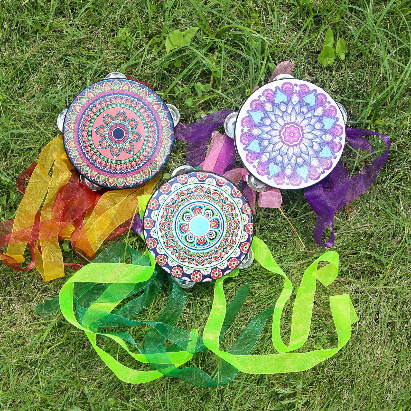 6 Inch Single Row Jingles Flowers Pattern Ribbon Tambourine Wooden Handbell Hand Drum for Arty Music Dance Stage Show