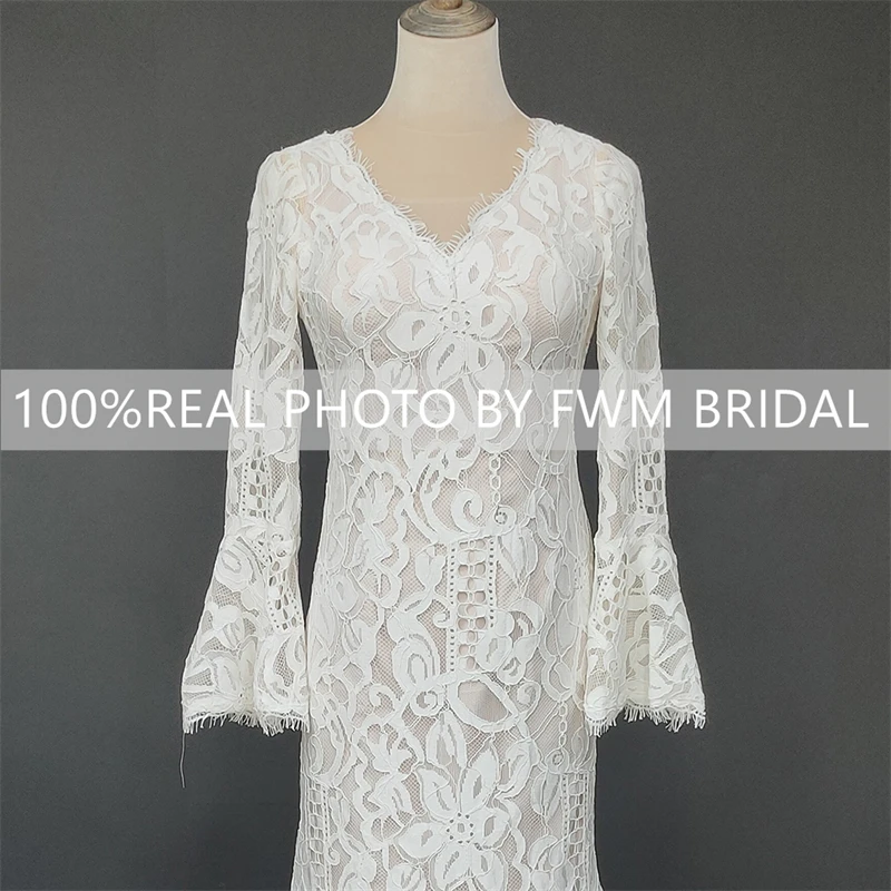 4496# Real Photos Long Sleeves Sweep Train Sheath Wedding Dress Lace Low Back V-neck Bridal Gown For Women Bohemia