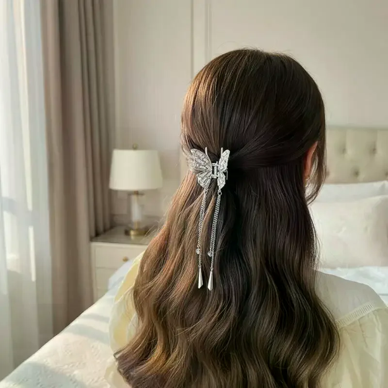 Rhinestone Butterfly Hair Claw Clips for Women Girls Vintage Long Chain Elegant Gift for Birthday Anniversary Present