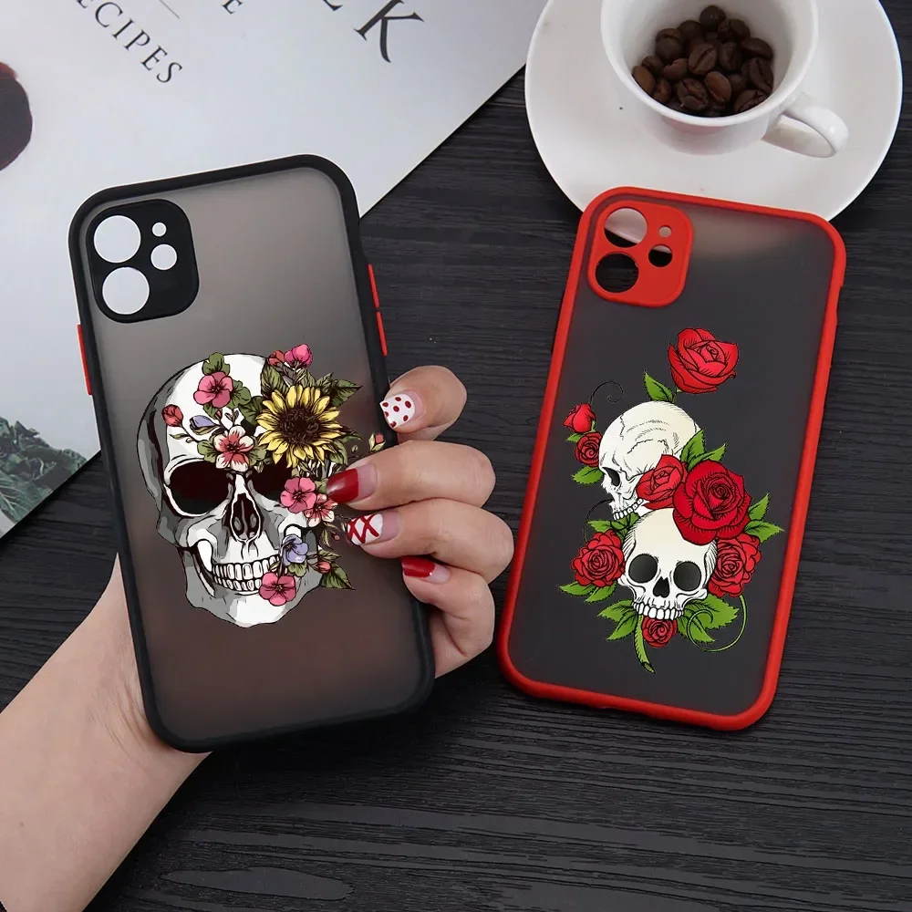 Caixa do telefone do crânio das flores do açúcar para o iphone, Punk dos desenhos animados, sacos da tampa clara, iphone 15, 12, 13, 11, 14 pro max, 13mini, x, xs, xr, se, 14 Mais