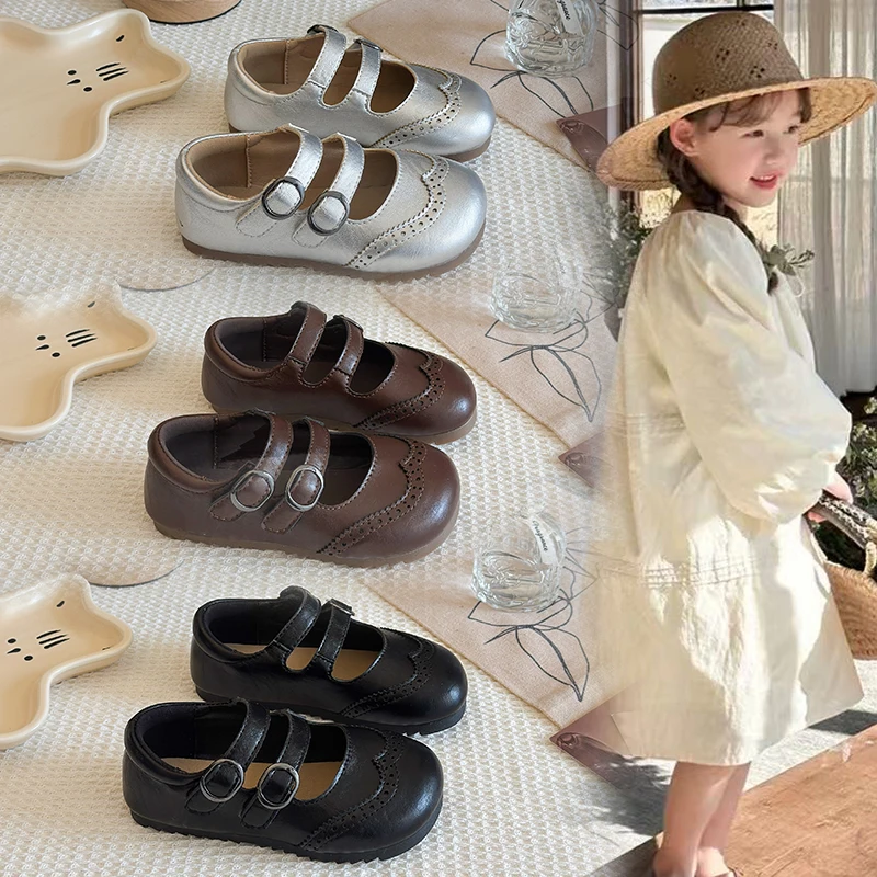 

JGSHOWKITO Little Girls Big Kids Leather Shoes Retro Vintage School Children Dress Flats for Wedding Party Double Buckle Soft