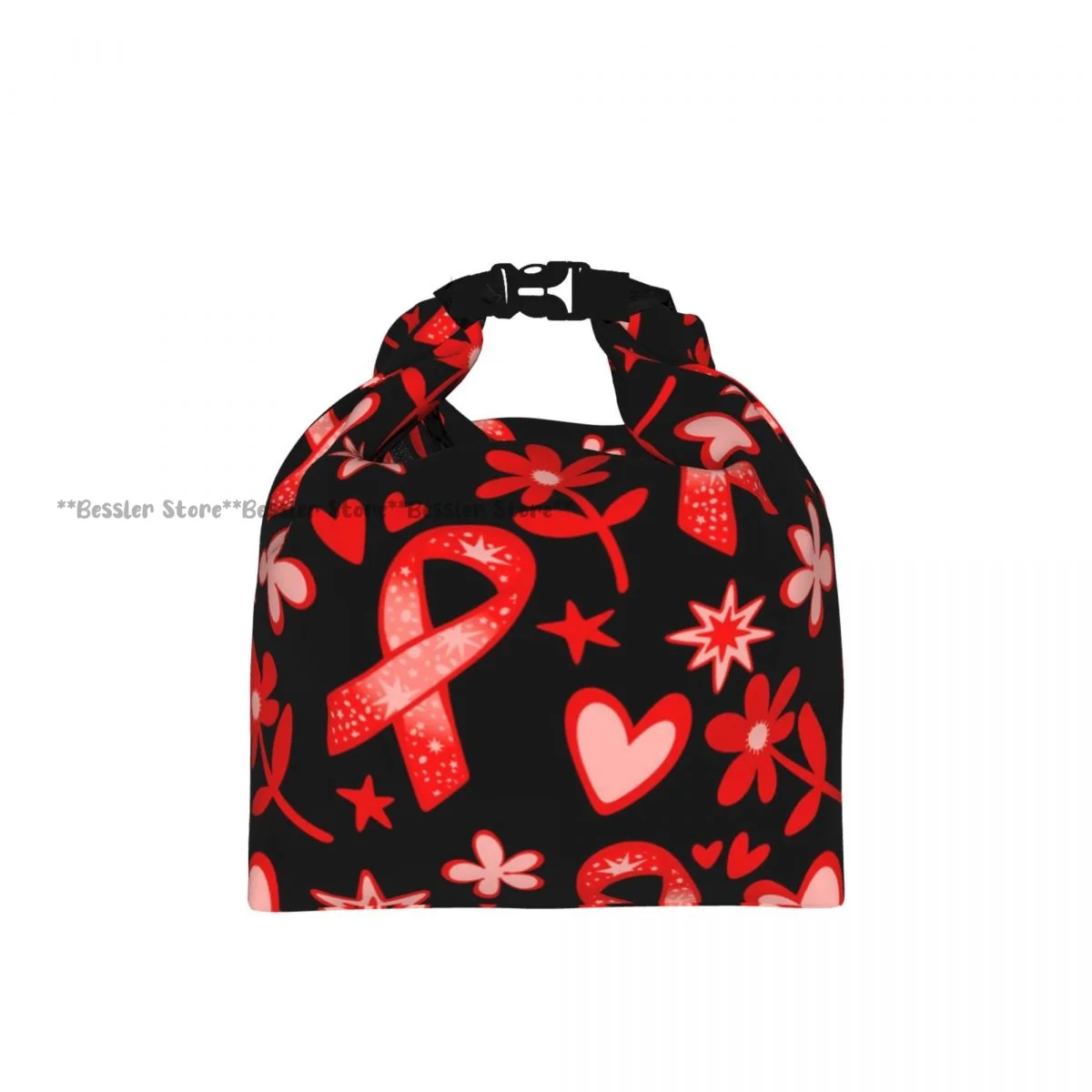 Roll-Top Insulated Lunch Bag Breast Cancer Pattern Thermal Bento Box Bag Portable Cooler Bag for Picnic