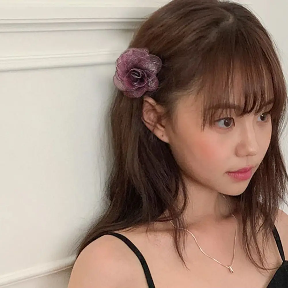 Simple Cloth Simulation Flower Hair Claw Mesh French Style Camellia Shark Clip Ponytail Holder Headdress Flower Claw Clip Girl