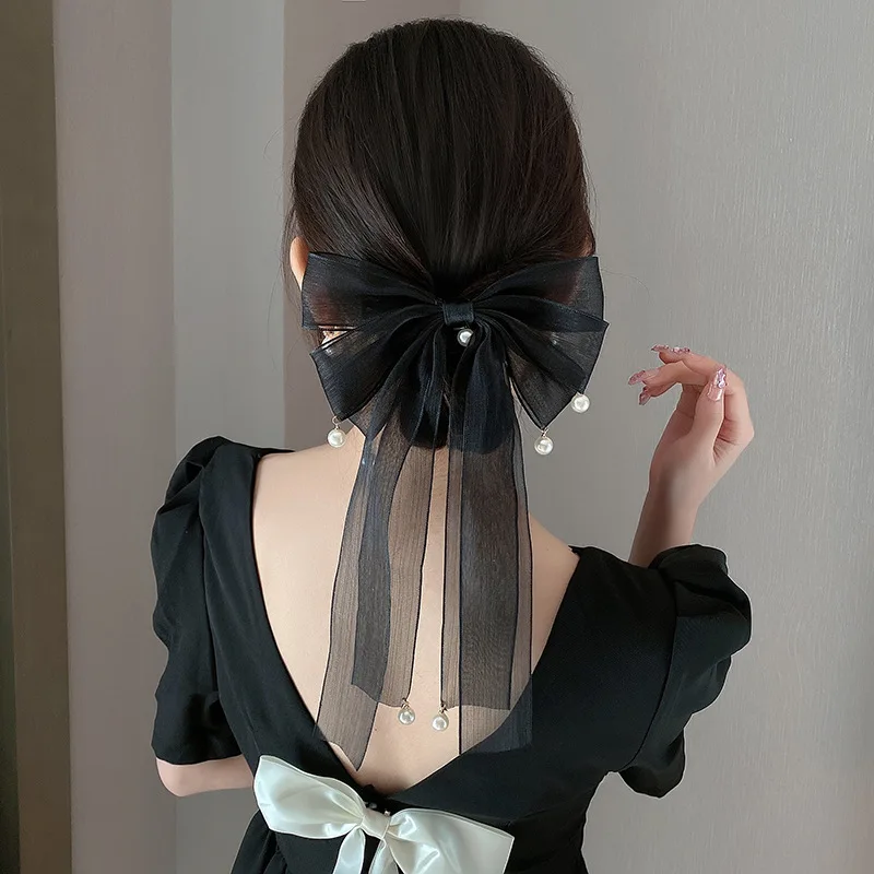 Elegant Black White Yarn Bow Hair Clip for Women Fashion Pearl Pendant Spring Clip Girls Ponytail Hairpins Hair Accessories