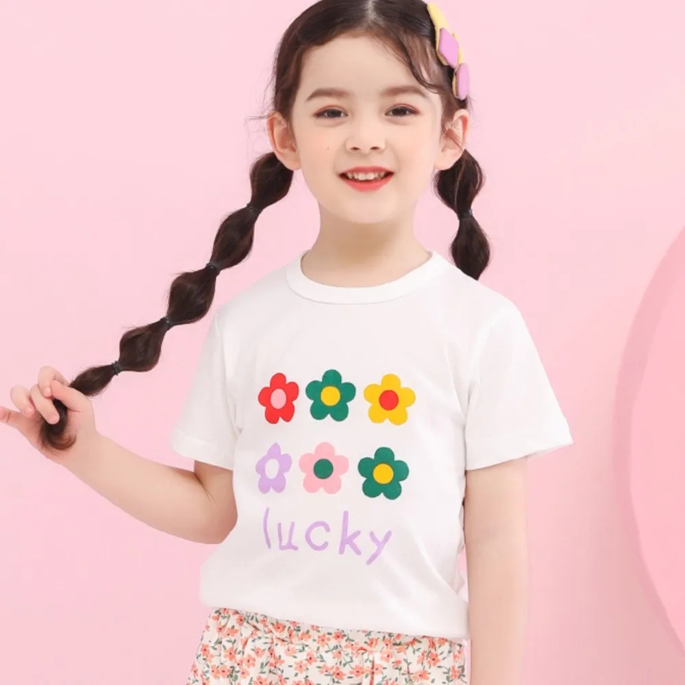 

2-8Y Girls Floral Print Short Sleeve Round Neck T-Shirt for Summer Casual Wear