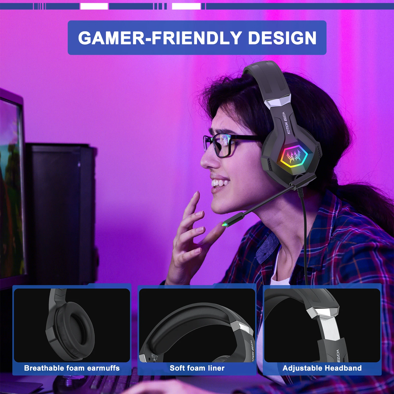 

Проводная игровая гарнитура GS450 с микрофоном с шумоподавлением, светодиодной подсветкой, стереозвуком для ПК PS4, контроллер Xbox One Switch PS5