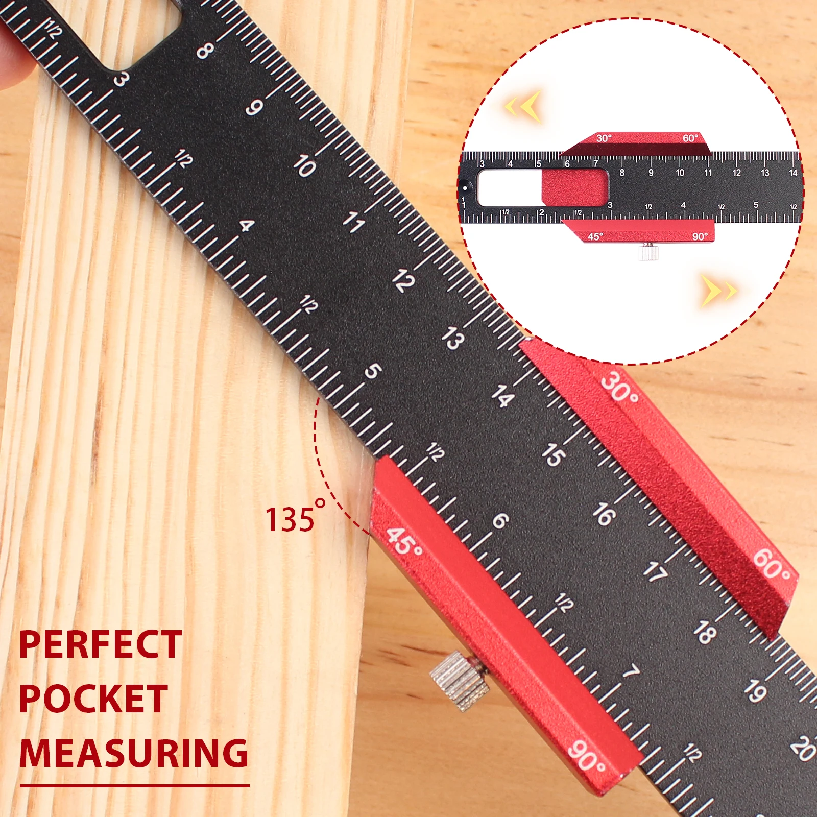 Woodworking Tools Ruler - Pocket Ruler Layout Tool Aluminum Precision Ruler with T-Track Metal Slide Stops,Inch and Metric Scale