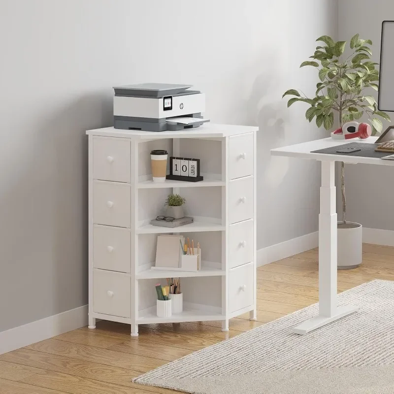 8-Drawer Corner Dresser with Wooden Top and Shelves (White)