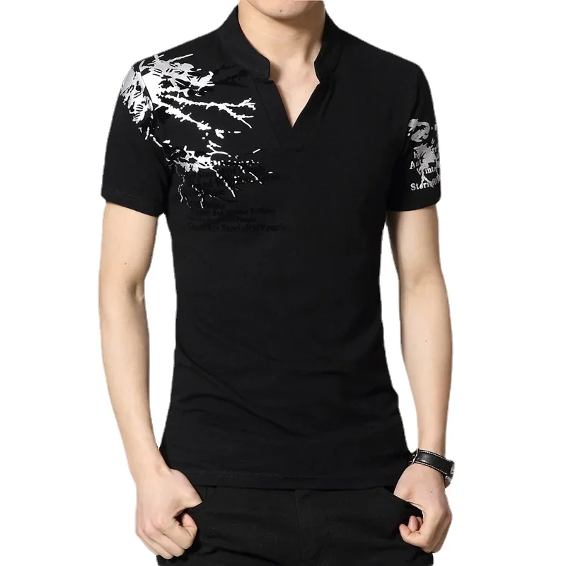 Summer  Men T Shirt Letters Flocking Print Henry Collar T-shirts Short Sleeves Straight Loose Plus Size Tops & Tees M-5XL