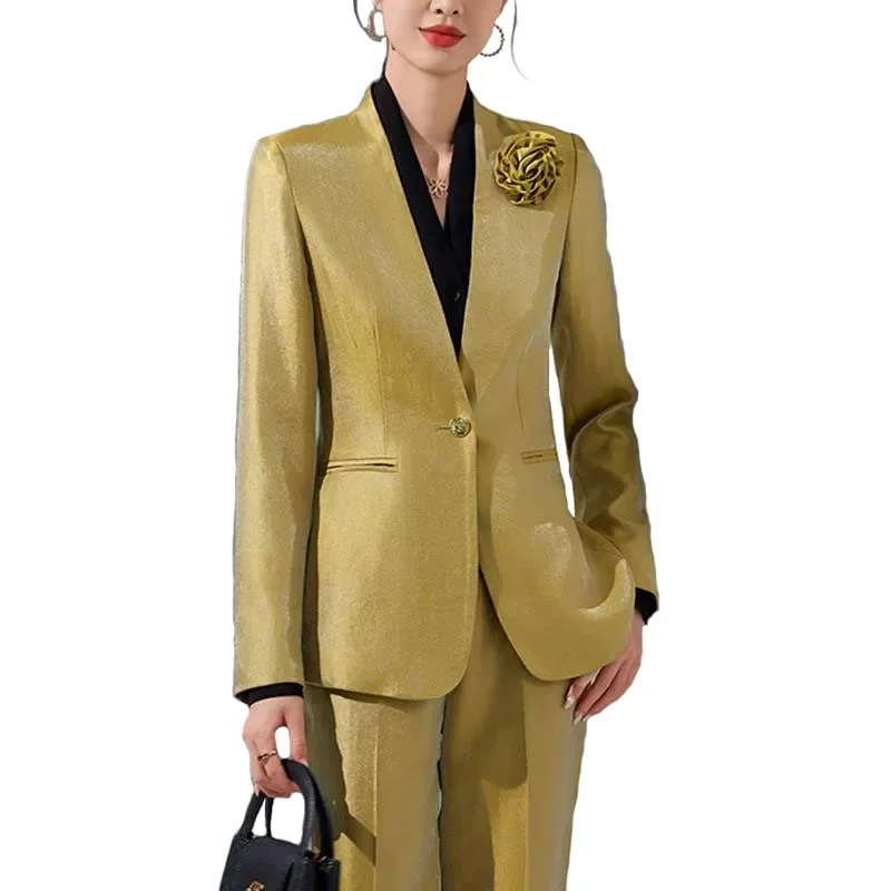 Pop Women Blazer Pants Sets Gold Appliques Two Pieces 2024 Autumn Work Wear Trousers Formal Solid Color Long Sleeve Tops Pantsui