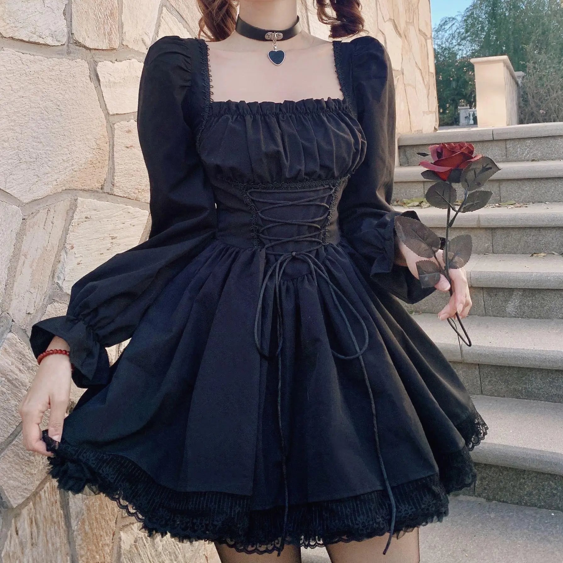 

Sweet Princ Dr with Lace Trim Bubble Sves And Chest Enhancement k Sle High Waist Woolen Material for Banquet