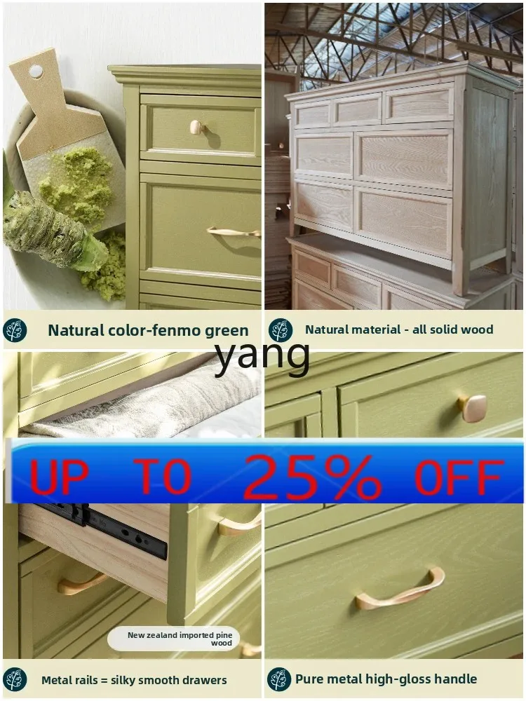 LH   Chest of Drawers Pastoral Solid Wood Bucket Side Cabinet Bedroom Green Bed Front Cabinet Retro Furniture