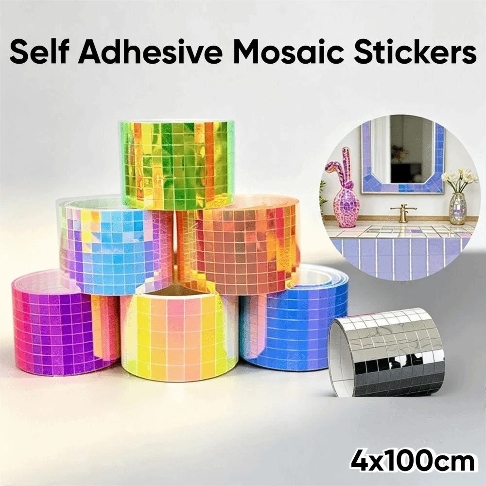 4x100cm Mosaic Mirror Wall Sticker Reflective Mirror Surface 3D Visual Glass Tile Strip DIY Decorative Wall Decals