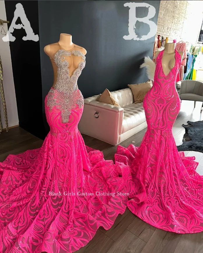 Gorgeous Dazzling Colourful Long Mermaid Prom Ball Gowns Rose Pink AB Style Diamonds Applique Ladies Customised Celebrity Gowns