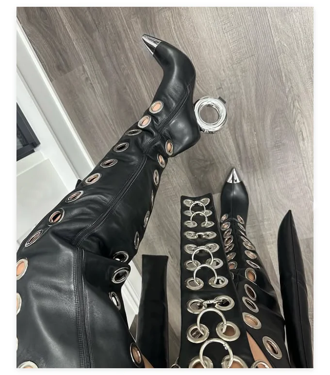 

Сексуальные кожаные сапоги выше колена на круглом каблуке в странном стиле. Женские черные/красные сапоги до бедра с шипами. Роскошные дизайнерские туфли для вечеринок.