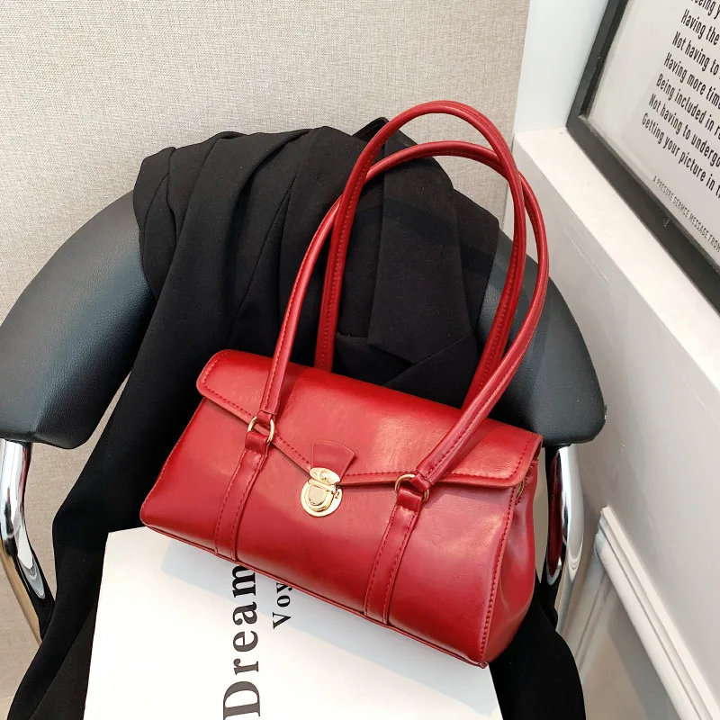 Retro High-end Underarm Official Document Tote Bag For Women 2024 New Fashionable Minimalist Red Glossy PU Commuting Handbag