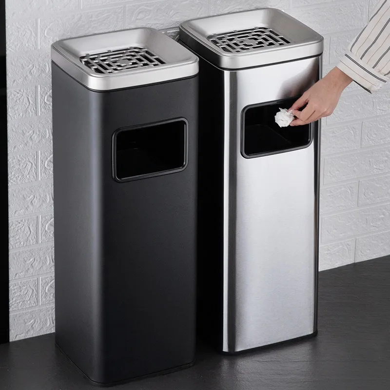 Stainless steel hotel trash bins, lobbies, upright hotel square and round containers with inner barrels, ashtrays, shopping mall