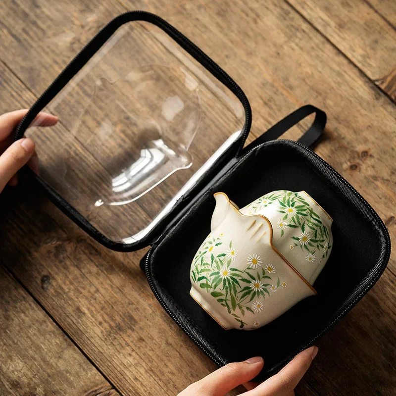 Flower and Grass Hand-painted Travel Tea Set Quick Guest Cup Portable Outdoor Camping Tea Equipment Portable Storage Bag Tea Cup